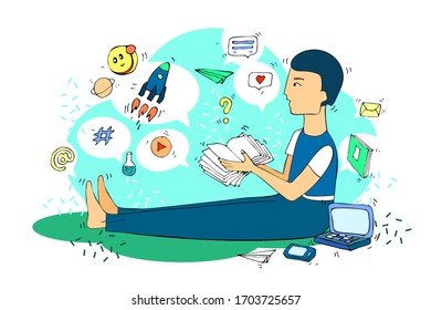 Teenage boy in the colorful outfit stays, works and studies at home. The boy is surrounded by various technologies, stationery supplies. Stay at home. Ideas and time at home. School. Hand made, vector