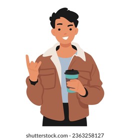 Teenage Boy Confidently Holds A Coffee Cup, His Fingers Forming A Rock 'n' Roll Sign, Male Character Exuding Youthful Energy And Love For Caffeine-fueled Adventures. Cartoon People Vector Illustration