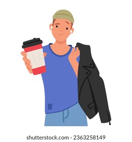 Teenage Boy Confidently Strikes A Casual Pose, Holding A Coffee Cup and Blazer, Exuding Youthful Charm And A Penchant For Caffeine. Isolated Teen Male Character. Cartoon People Vector Illustration