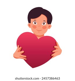 A teenage boy congratulates on the holiday, holding a large heart card in his hands. To express gratitude. Vector illustration on isolated background. EPS10
