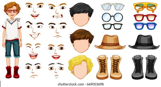 Teenage boy with different accessories and emotions illustration