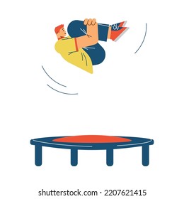 Teenage boy does somersault on trampoline, flat vector illustration isolated on white background. Young man jumping on trampoline, outdoor summer activities.