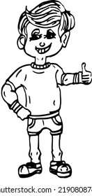 Teenage boy doing thumbs up line art vector silhouette, young boy doing thumbs up in cartoon style, Sketch drawing kid in funny pose, young boy clip art