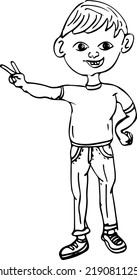 Teenage boy doing thumbs up line art vector silhouette, young boy doing thumbs up in cartoon style, Sketch drawing kid in funny pose, young boy clip art