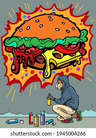 a teenage boy draws a graffiti image of a burger. fast food