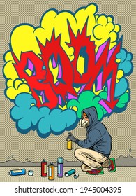 A teenage boy draws a graffiti image of the tag boom. street art