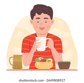 Teenage Boy Drinking Water and Eating Salad for Healthy Eating and Healthcare Concept Illustration