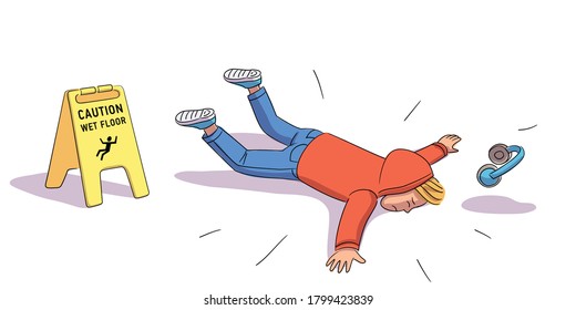 Teenage boy falling near Caution wet floor yellow sign. Kid in headphones slipped, lies on floor. Vector character illustration of traumatic situation, damage from carelessness, dangerous health risk
