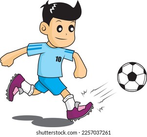 teenage boy football player cartoon vector. cute boy kicking a soccer ball vector illustration