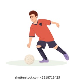 Teenage boy football player, in a red sports shirt, kicks a soccer ball. Kid sportsman playing football game, dynamic practicing. Cartoon vector illustration in flat style isolated.