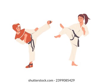 Teenage boy and girl cartoon characters doing karate, combating enjoying defense sport activity