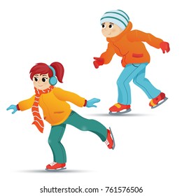 Teenage boy and girl ice skating, winter sport activity, retro cartoon vector illustration isolated on white background. Two friends, boy and girl, ice skating, winter vacation, outdoor activity