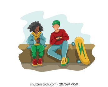 Teenage boy and girl sitting and surfing the Net. Cartoon comics style with blach solid outline.