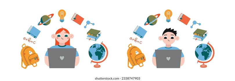 Teenage boy and girl using laptop computer to study, cartoon style. Books, globe and school supplies are flying around. Trendy modern vector illustration isolated on white, hand drawn, flat design