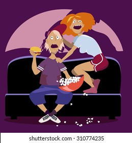 Teenage boy and girl watching a scary movie sitting on a couch with popcorn and a burger, both screaming, EPS 8 vector illustration, no transparencies