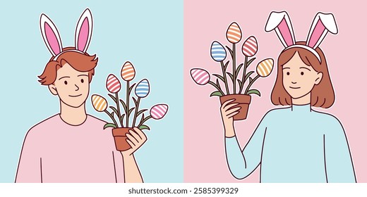 A teenage boy and girl wear bunny ears while holding plants decorated with colorful Easter eggs. They smile and invite others to celebrate Easter or buy decorations to create a festive atmosphere.