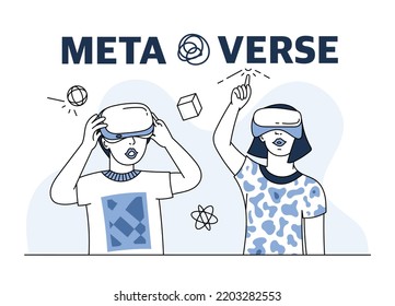 A teenage boy and girl wearing virtual reality glasses . The metaverse concept. Technologies of games in virtual reality. Vector 