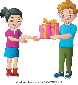 Teenage boy giving gift box to happy girl