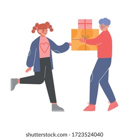 Teenage Boy Giving Holiday Gift Boxes Decorated with Ribbon Bows to Happy Girl, Birthday Party, Christmas or New Year Holidays Celebration Cartoon Vector Illustration
