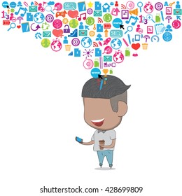 Teenage boy happy template design thinking idea with social network icons background.