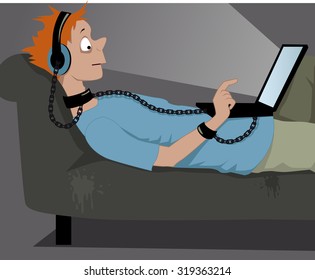 Teenage boy in headphones, chained to his laptop, lying on a couch, EPS 8 vector illustration, no trsansparencies