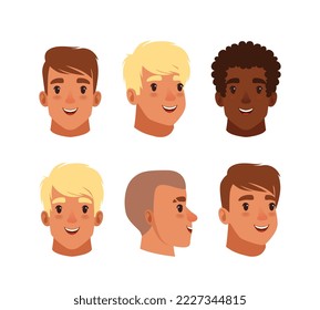 Teenage boy heads with different hair color and haircuts set cartoon vector illustration