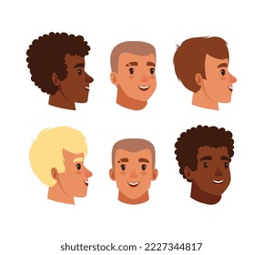 Teenage boy heads with different hair color and haircuts set, creation constructor cartoon vector illustration