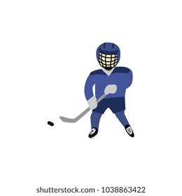 Teenage boy in helmet and uniform playing hockey with puck and pole, winter sport, flat style vector illustration isolated on white background. Flat cartoon boy playing hockey in gatekeeper uniform