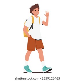 Teenage boy high school student cartoon character carrying backpack going to study isolated on white background. Happy smiling positive schoolboy ready for education process vector illustration