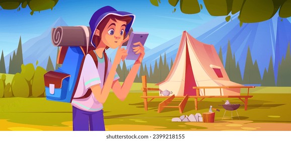 Teenage boy with hiking backpack and equipment is looking at his phone as he stands in forest near tent on wooden patio and campfire. Cartoon summer landscape with camping tourist near mountains.