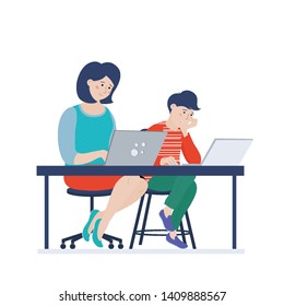 Teenage boy and his mom sitting at the table and working on laptops, using computers, looking at the screen, vector illustration isolated on white background. Woman and boy, mom and son using computer