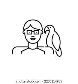 Teenage boy and his parrot. Pet owner icon. Pixel perfect, editable stroke design