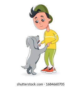teenage boy holding his pet dog like they are dancing together. playing and training a dog. best friends. funny cartoon style characters. isolated vector illustration on white