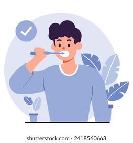 Adolescente en casa, rodeado de plantas, cepillando los dientes antes de ir al dentista, usando un suéter azul. Buen esquema de color con un fondo principal. Ilustración de caracteres.