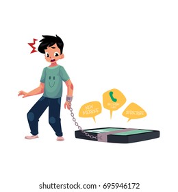 Teenage boy with huge smartphone chained to hand, phone dependence concept, cartoon vector illustration isolated on white background. Boy chained to huge phone, dependence on likes, calls, messages