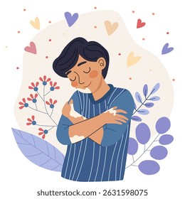Teenage boy hugging himself with closed eyes, representing self-care and acceptance. Body positive character for mental health concept.