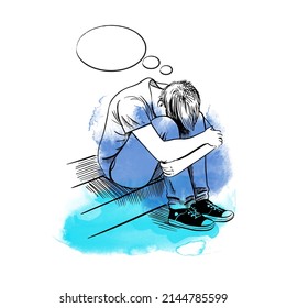 A teenage boy hugs his arms around his knees and cries. Vector sketch illustration