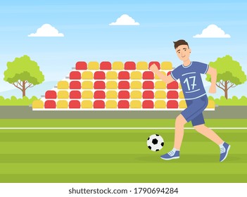 Teenage Boy Kicking a Soccer Ball, Guy Doing Physical Activity Outdoors Vector Illustration