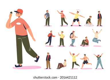 Teenage boy kid set: cartoon male child character lifestyle icons. Schoolboy emotional with backpack, jumping, holding ball over white background. Flat vector illustration