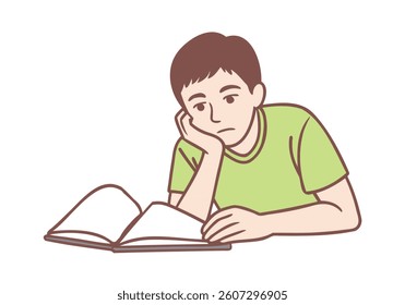 A teenage boy leans on his elbow while reading a book, looking bored. Hand drawn style vector design illustrations.