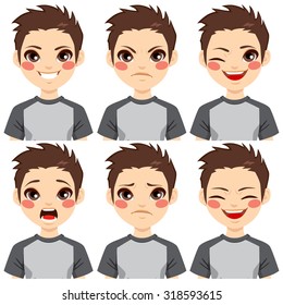 Teenage boy making six different face expressions set