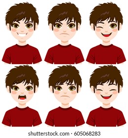 Teenage boy making six different face expressions set