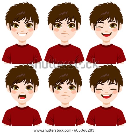 Teenage boy making six different face expressions set