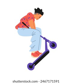 Teenage boy making trick on stunt scooter flat vector illustration isolated on white.