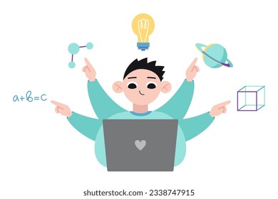 Teenage boy with many arms using laptop computer to study various of academic subjects, multitasking, cartoon style. Trendy modern vector illustration isolated on white, hand drawn, flat design