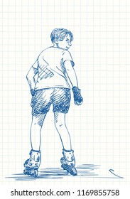 Teenage boy on rollers skating looks back, Blue pen sketch on square grid notebook page, Hand drawn vector illustration