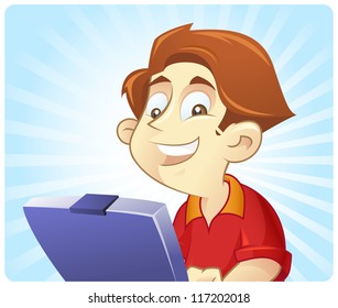 Teenage boy operating a laptop. smiling and looking at camera. perfect for your header