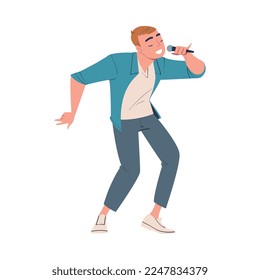 Teenage boy performing on stage. Guy singing song with microphone cartoon vector illustration