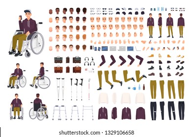 Teenage boy with physical disability creation set or constructor kit. Collection of disabled man body parts, gestures, clothing isolated on white background. Flat cartoon vector illustration.