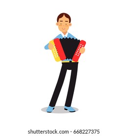 Teenage boy playing accordion during concert cartoon character vector Illustration